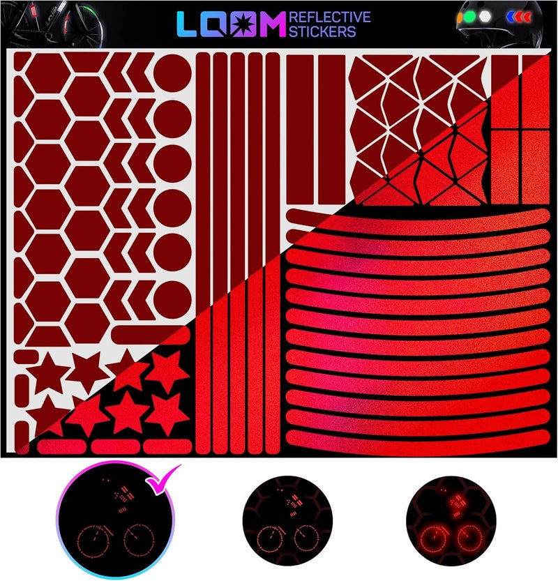 Loom Reflective Stickers Mega Kit (101pcs red)• Nighttime Safety Waterproof Self-Adhesive Decals for Helmets, Skateboard, Bike, Scooter, E-Bike, Motorcycle & Strollers • Bright Colors - Image 1
